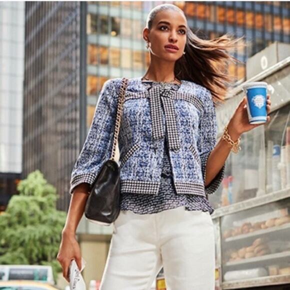 CAbi #5294 Tweed Club Jacket XS Blue Houndstooth Bow Front Retro Preppy Chic - Picture 2 of 11